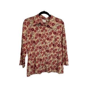 Como Vintage Floral Geometric Crinkle Cream Red Button Up Long Sleeve Top Size L